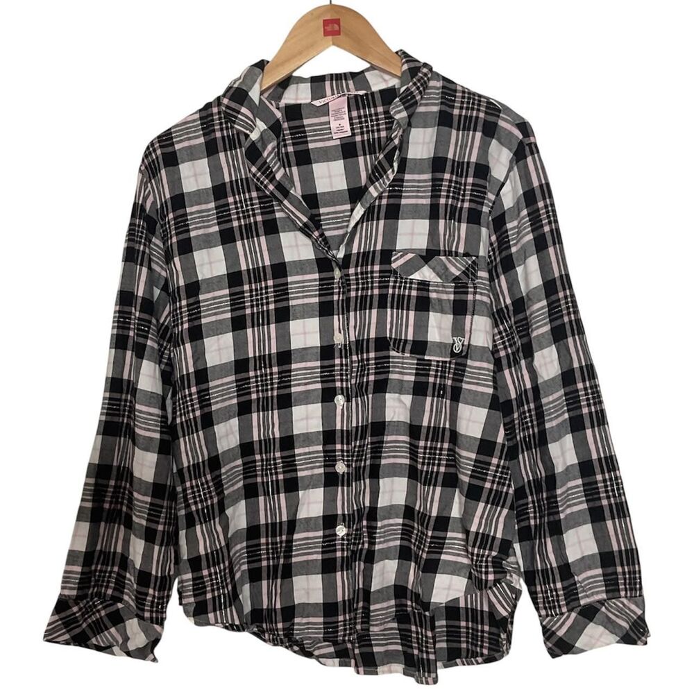 Victoria's Secret Black Pink Plaid Button-Up Pajama Shirt Size Medium